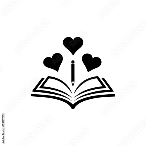 Open book with pencil and hearts floating above it on transparent background