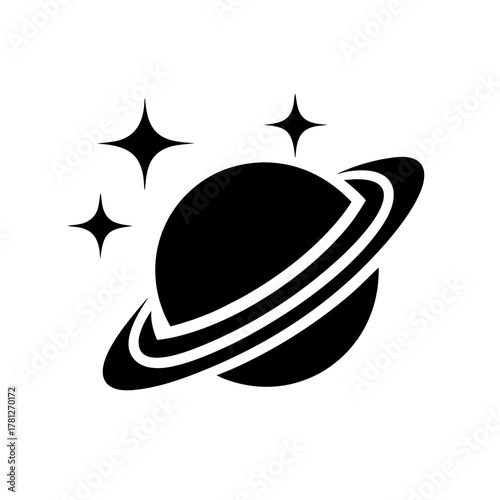 Illustration of a planet with rings and three stars on transparent background