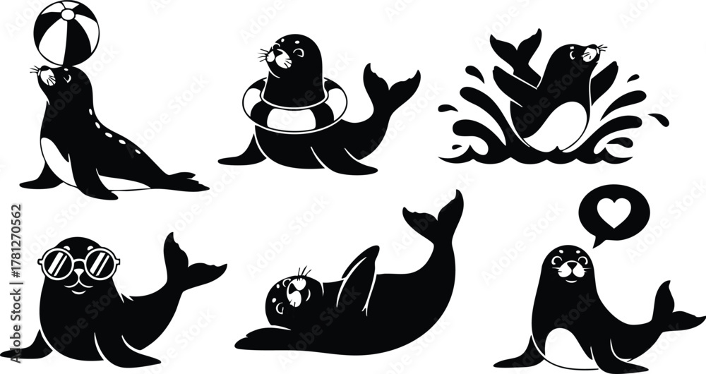 Naklejka premium Cute seal characters performing playful activities with beach ball and heart speech bubble vector illustration 