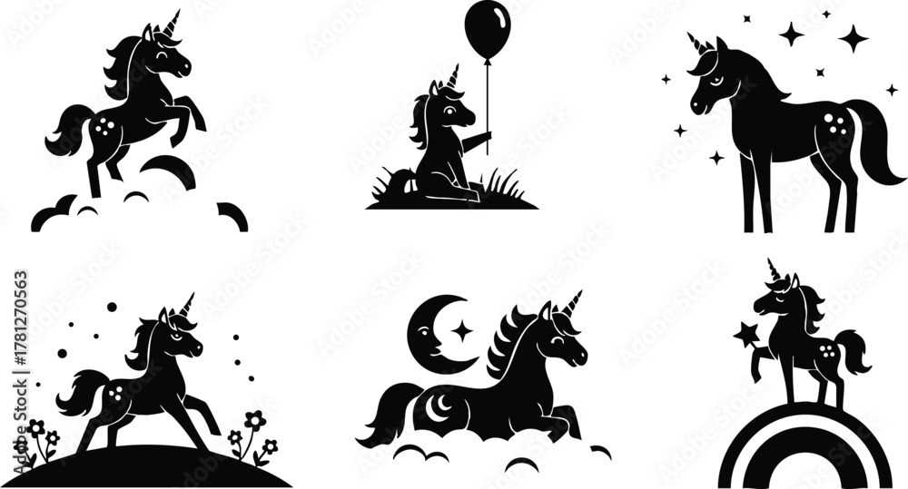 Fototapeta premium Black silhouette unicorn illustrations with stars, moon, balloon, and rainbow fantasy vector images 
