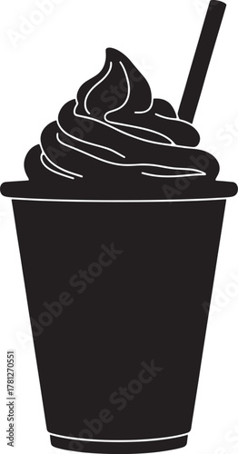 “Black And White Silhouette Vector Icon Of Milkshake Or Smoothie Cup With Whipped Cream And Straw Illustration For Cold Drink Beverage Coffee Frappe Or Dessert Design In Flat Style”