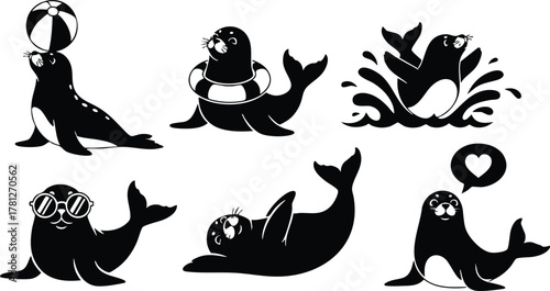 Cute seal characters performing playful activities with beach ball and heart speech bubble vector illustration 