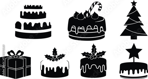 Christmas cakes and tree with gift box black silhouette vector collection for holiday celebrations and winter season 