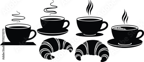 Hot coffee cups with croissants breakfast set in black silhouette vector illustration 