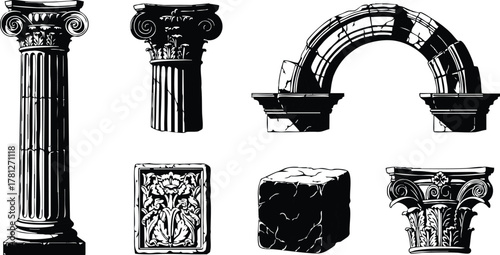 Classical architectural columns and stone elements black silhouette vector illustration with ancient design details 