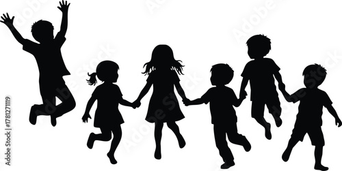 Silhouettes of children playing and jumping together in joyful outdoor activity vector illustration 