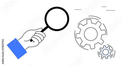 Hand with magnifying glass examining rotating gears, emphasizing analysis, investigation, quality assurance, innovation, productivity. Ideal for strategy, mechanics, teamwork development research