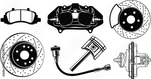 Car brake system parts vector illustration including caliper piston pads and sensor components in black and white 