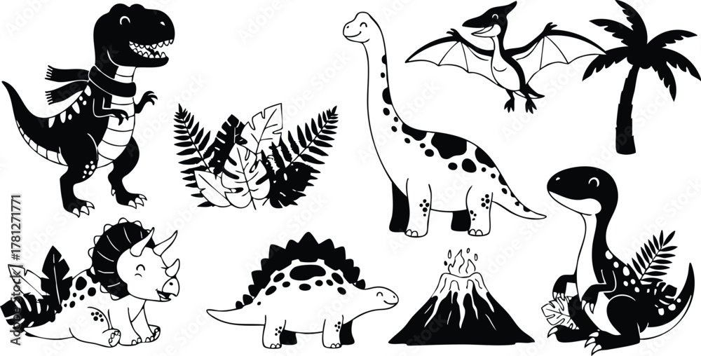 Obraz premium Dinosaur collection with volcano palm tree and prehistoric plants black silhouette vector illustration 