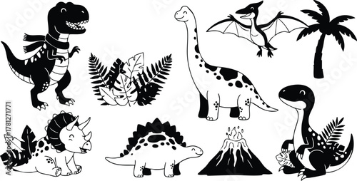Dinosaur collection with volcano palm tree and prehistoric plants black silhouette vector illustration 
