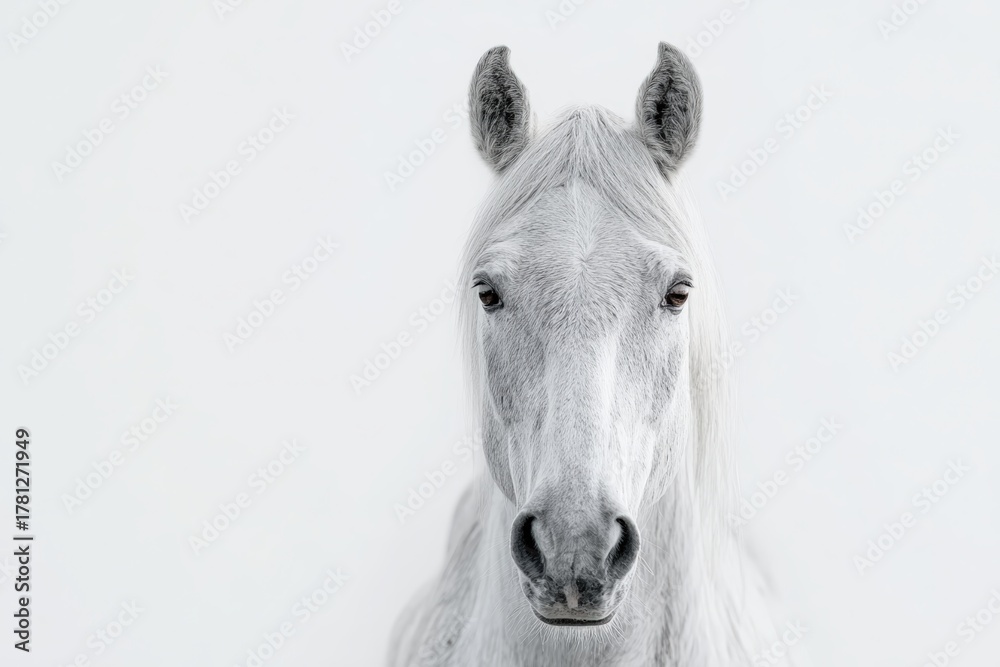 Fototapeta premium Minimalist High-Key Portrait of a Light Gray Horse on White Background