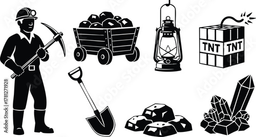 Miner with pickaxe shovel cart lantern dynamite rocks and crystals vector illustration design 