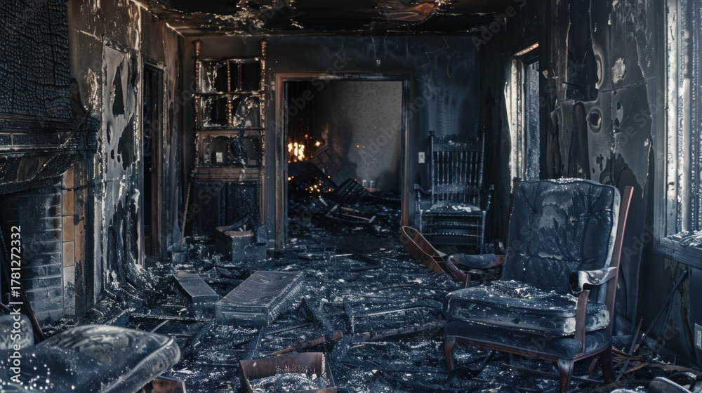 Naklejka premium A burned interior of a house shows charred walls, blackened furniture, and debris scattered on the floor. The scene conveys the aftermath of a fire disaster.