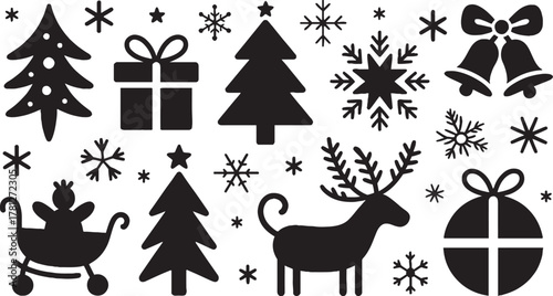 Black Silhouette Christmas Icons Including Reindeer Christmas Trees Snowflakes Gift Boxes Bells and Baby Carriage