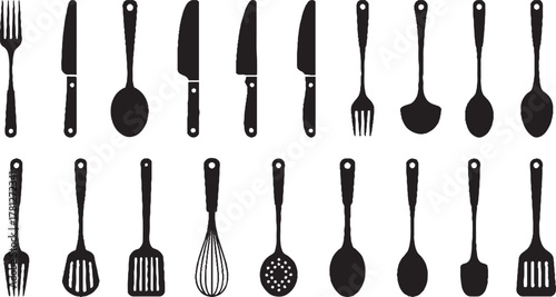Black silhouette collection of kitchen utensils and cutlery on white background fork knife