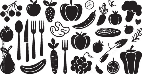 Black silhouette collection of fruits vegetables and cutlery on white background vector illustration Editable stroke
