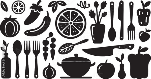 Black silhouette collection of kitchen utensils fruits and vegetables on white background food cooking