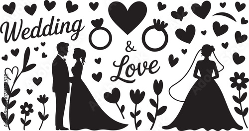 Black silhouette wedding couple hearts rings flowers and text Wedding Love bride groom