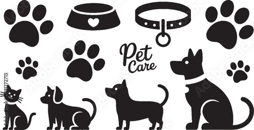 Black silhouette icons of pets and pet care items including cats dogs paw prints collar and food bowl