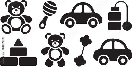 Black vector icons of baby toys and objects on white background teddy bear rattle