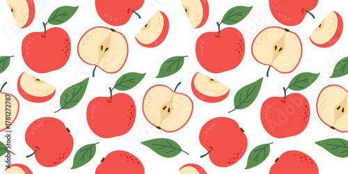 Seamless pattern with red apples, slices, green leaves. Vector endless texture for kitchen, bed linen textile, wallpaper, fabric, labels, packaging, autumn, harvesting
