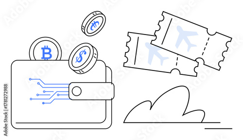 Wallet with coins labeled as cryptocurrency and dollar, next to two airplane tickets. Ideal for finance, cryptocurrency, travel, e-commerce, online payment, digital business cashless economy. Simple