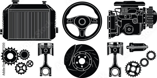 Car engine parts and components vector illustration with steering wheel and gears in black silhouette style 