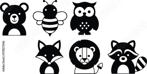 Cute black and white stylized forest animals vector illustration including bear, bee, owl, fox, lion, and raccoon 