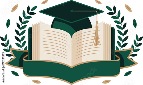 Graduation Cap Open Book and Laurel Wreath Illustration