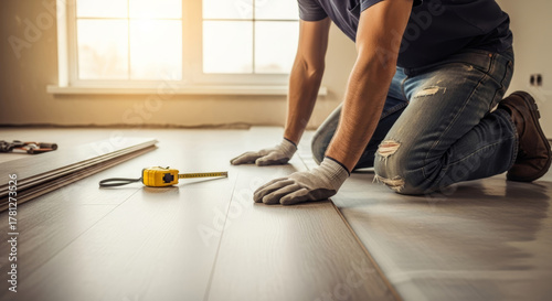 Man kneeling installing laminate flooring with gloves and measuring tape in a bright room setting