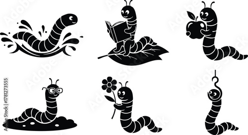 Cute cartoon worm characters with various poses and accessories vector illustration for children and nature designs 