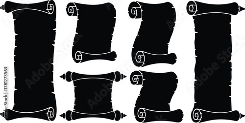 Vintage black parchment scrolls collection with curled edges in silhouette style vector illustration 