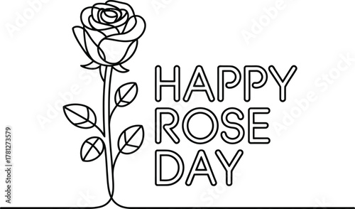 Happy Rose Day text with single line rose illustration Keywords: rose, flower, happy rose day
