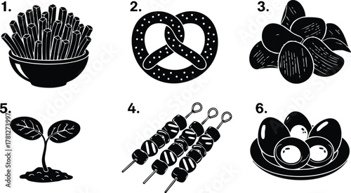 Black and white vector illustration of various food items including fries, pretzel, potato chips, plant sprout, meat skewers, and eggs plate