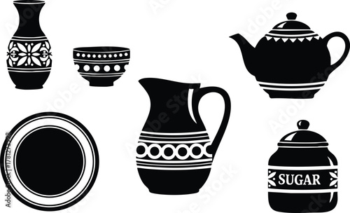 Traditional ceramic kitchenware set with teapot sugar jar pitcher bowl and vase vector illustration 