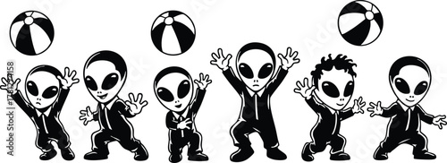 Alien children playing with beach balls in black and white vector illustration with playful mood 