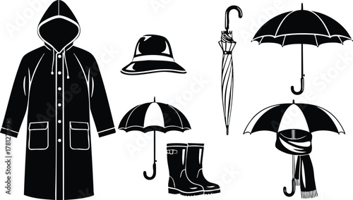 Black raincoat umbrella boots hat vector illustration for rainy weather protection and fashion accessories 