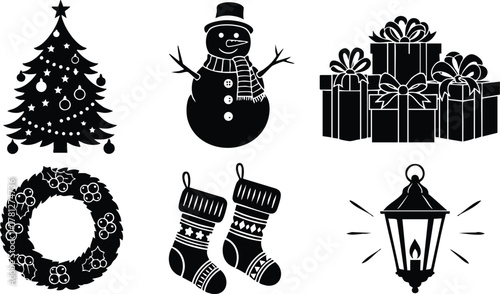 Christmas holiday icons with decorated tree snowman wreath socks lantern and gift boxes vector illustration 