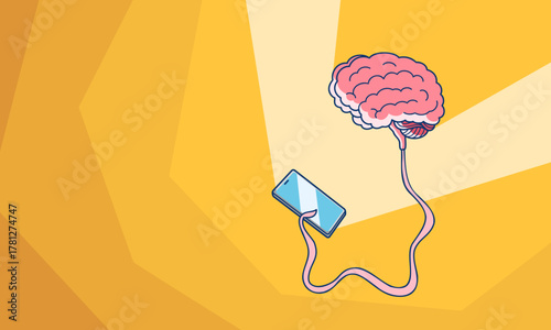 Brain with smartphone in comic book style