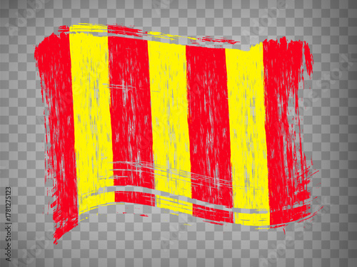 Grunge waing car race flag, brush stroke background. Surface red and yellow flag of auto rally and motocross, banner for karting sport, championship trophy on transparent background, EPS10.