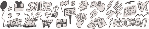 black friday sale set in hand drawn style in vector. Elements for decor banner label icons stickers