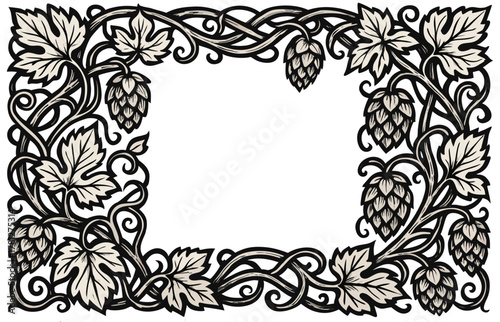 Engraving-style floral frame with hops, detailed vintage border with vines and leaves.