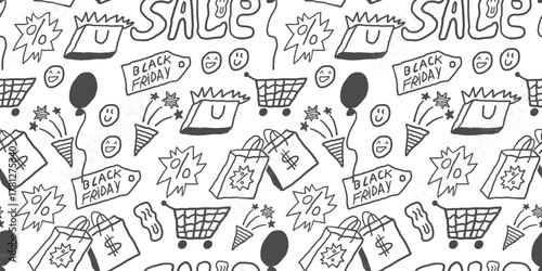 seamless pattern with sale elements in hand drawn style in vector. Element for decor banner background backdrop wrapping wallpaper textile prints packaging