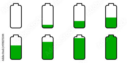 Sprite Sheet of Battery Charging Full or High or Empty Low Battery Power Load Green Symbol Sign Icon Set. Vector Image.