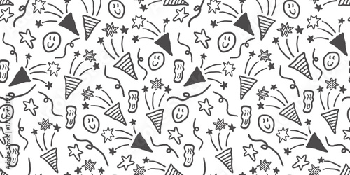 seamless pattern with fireworks and smiles in hand drawn style in vector. Element for decor banner background backdrop wrapping wallpaper textile prints packaging
