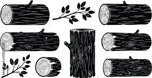 Wood Logs and Branches Set Black Vector Illustration with Natural Tree Elements for Design Projects 