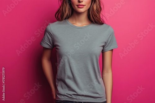 Gray women's t-shirt on pink background. Casual clothing top view. Catalog.