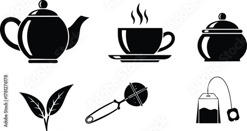 Tea set with teapot cup sugar bowl tea leaves infuser and tea bag vector illustration 