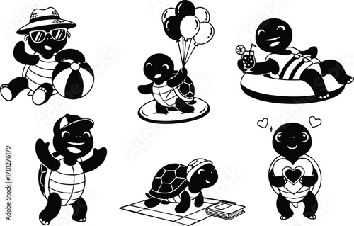 Turtle characters enjoying summer leisure activities with beach ball balloons and float ring in playful vector illustration 
