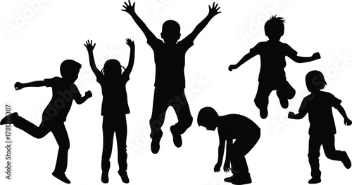 Silhouettes of Children Playing and Jumping in Various Active Poses Vector Illustration with Black Outlines 